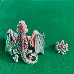 NEW Dragon bracelet cuff and ring set in silvertone adjustable mythical Gothic